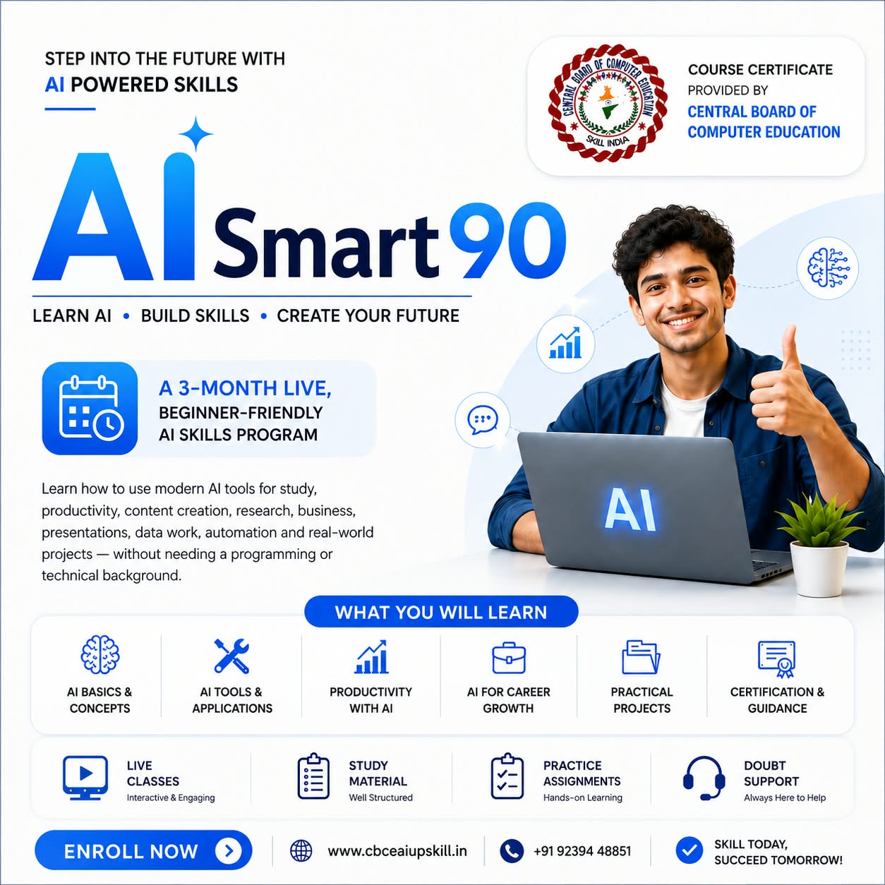 AI Smart90 course banner — a 3-month live, beginner-friendly AI skills program