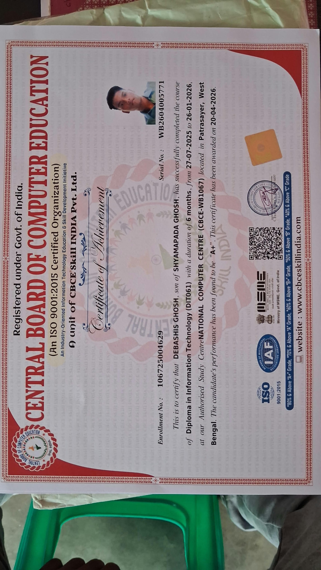 Central Board of Computer Education certificate of achievement issued to a student
