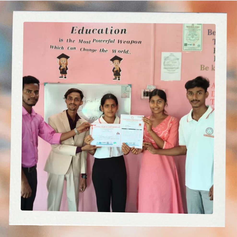 Students with their course completion documents at the study centre